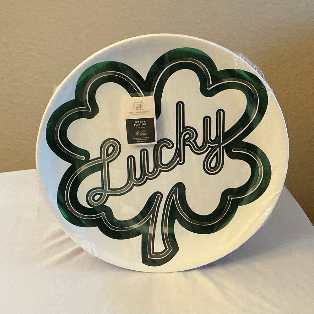 Rachel Ashwell Set of 3 Gold & Green Lucky Clover 16” Platters